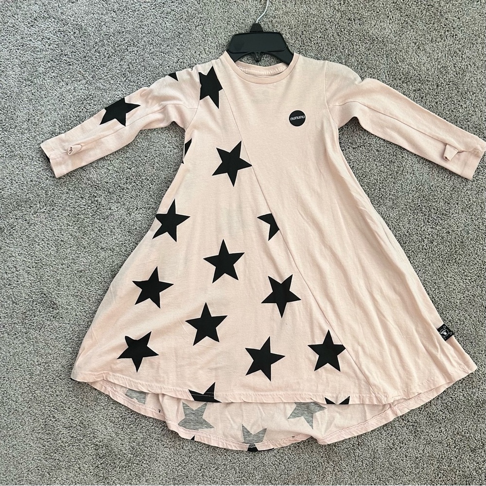 NEW! nununu 360 dress Pink Black Star Long Sleeve Thumbs Pockets A Line Swing